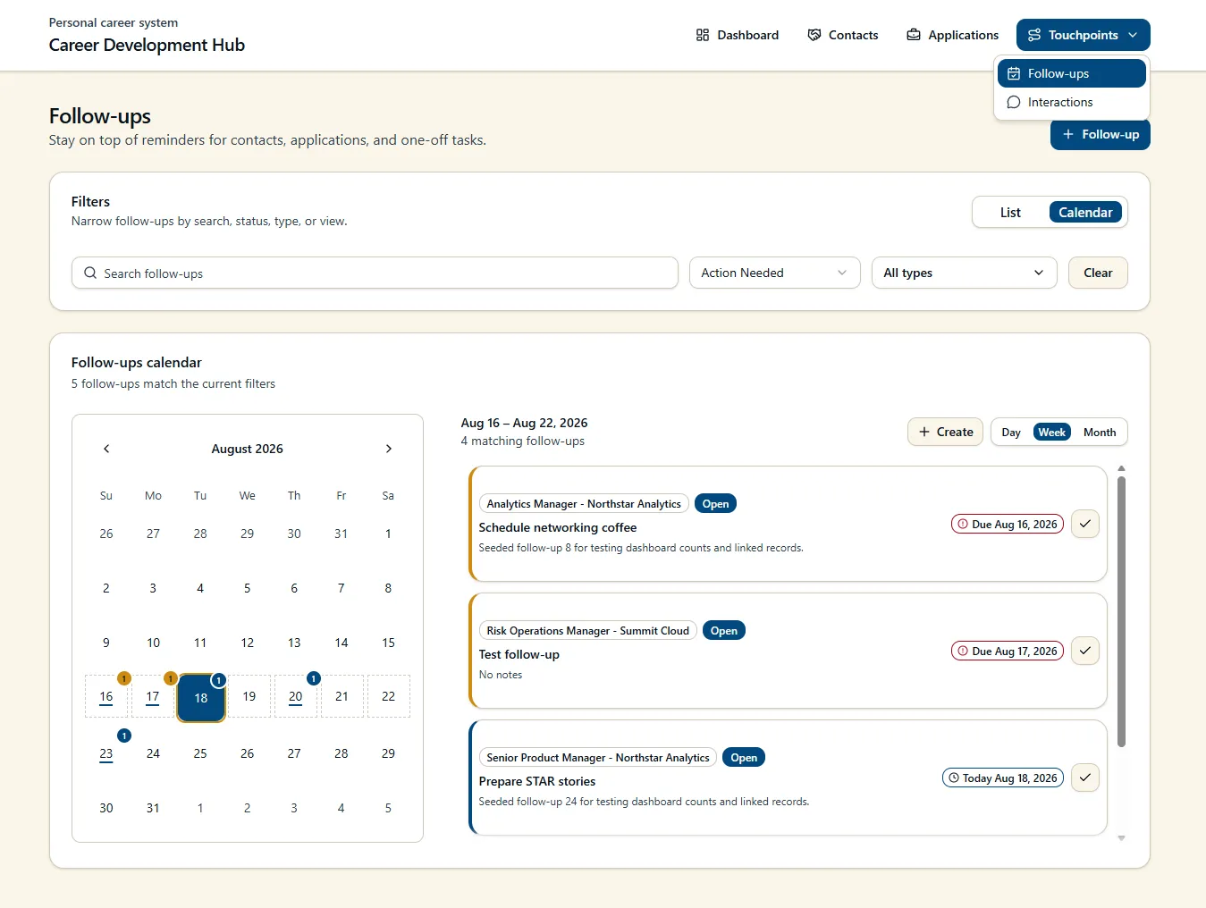 Career Development Hub Follow-up Calendar