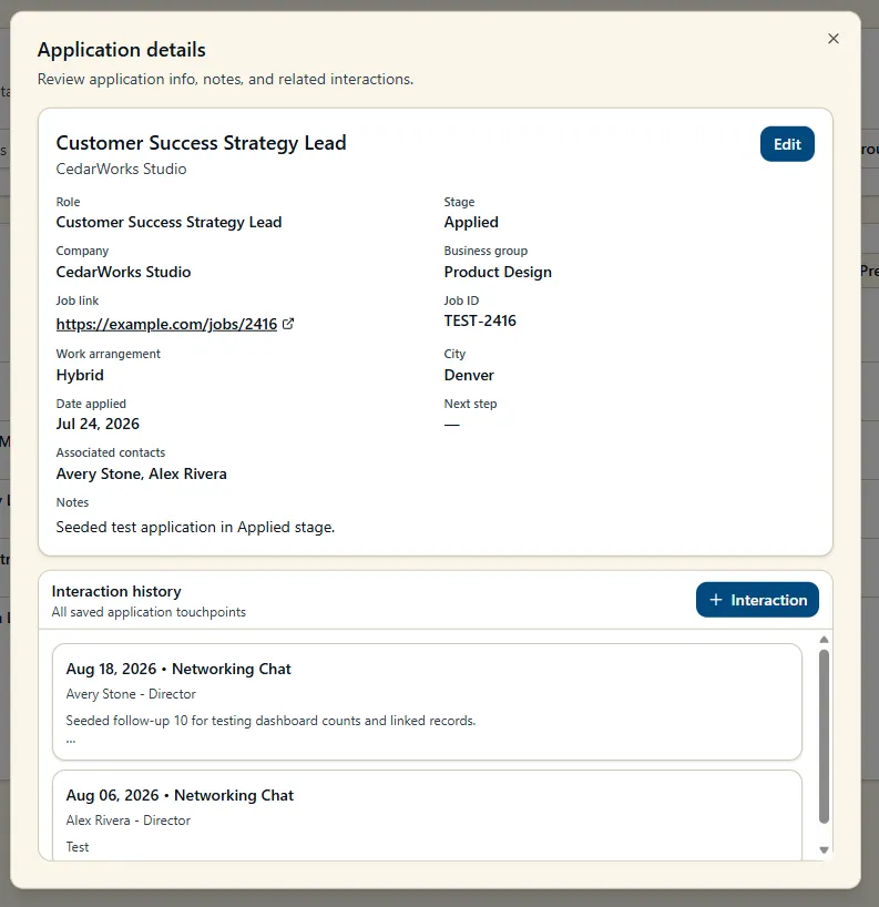 Career Development Hub Application Record View